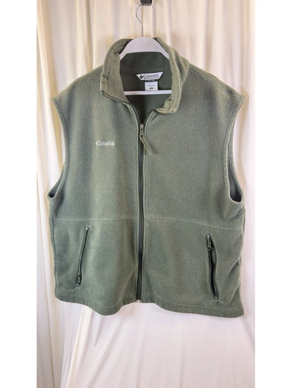 Columbia Full Zip Fleece Embroidered Logo Vest Mens XL Olive Green Zip Pockets